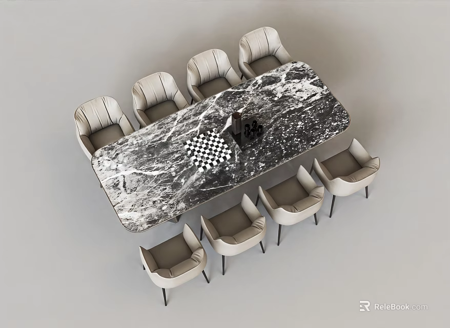 Modern Luxury Natural Marble Dining Table Combination With Eight Comfortable Upholstered Chairs For Home 3d model 