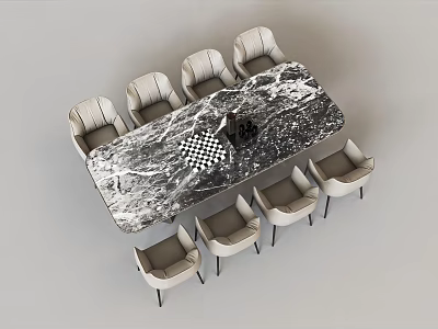 Modern Luxury Natural Marble Dining Table Combination With Eight Comfortable Upholstered Chairs For Home 3d model