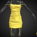 Yellow Spaghetti Strap Ruched Dress With Drawstring Details On Mannequin And Hanger