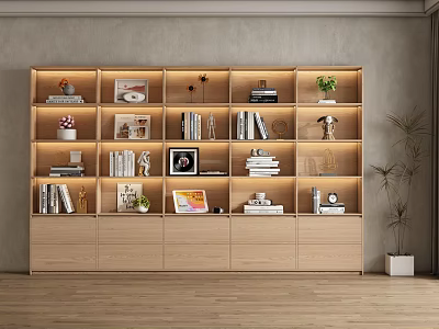 Modern Light Wood Bookcase With Books Decorative Items Framed Photos And Potted Plant 3d model
