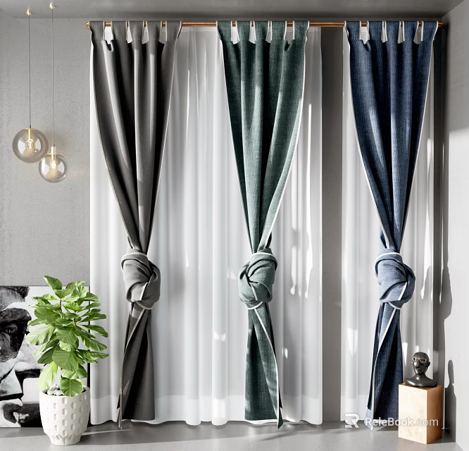 Gray Green Navy Blue Curtains With Knotted Ties And Sheer Layers For Home Decor 3d model 