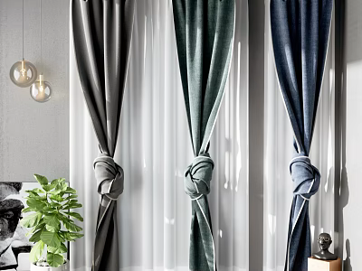 Gray Green Navy Blue Curtains With Knotted Ties And Sheer Layers For Home Decor 3d model