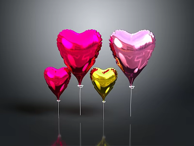 Metallic Heart Shaped Balloons Decoration Equipment With Red Pink Yellow Colors And Reflections 3d model