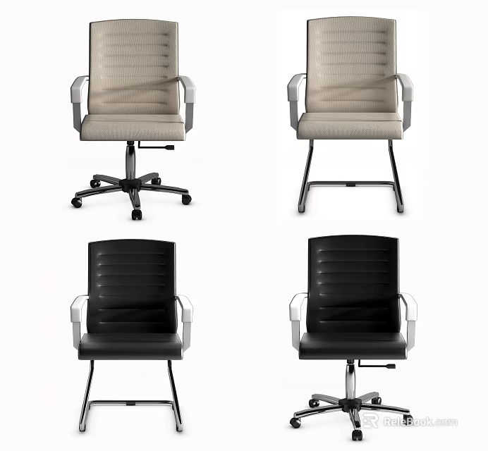 Office Chairs In Beige And Black With Armrests And Various Base Designs 3d model