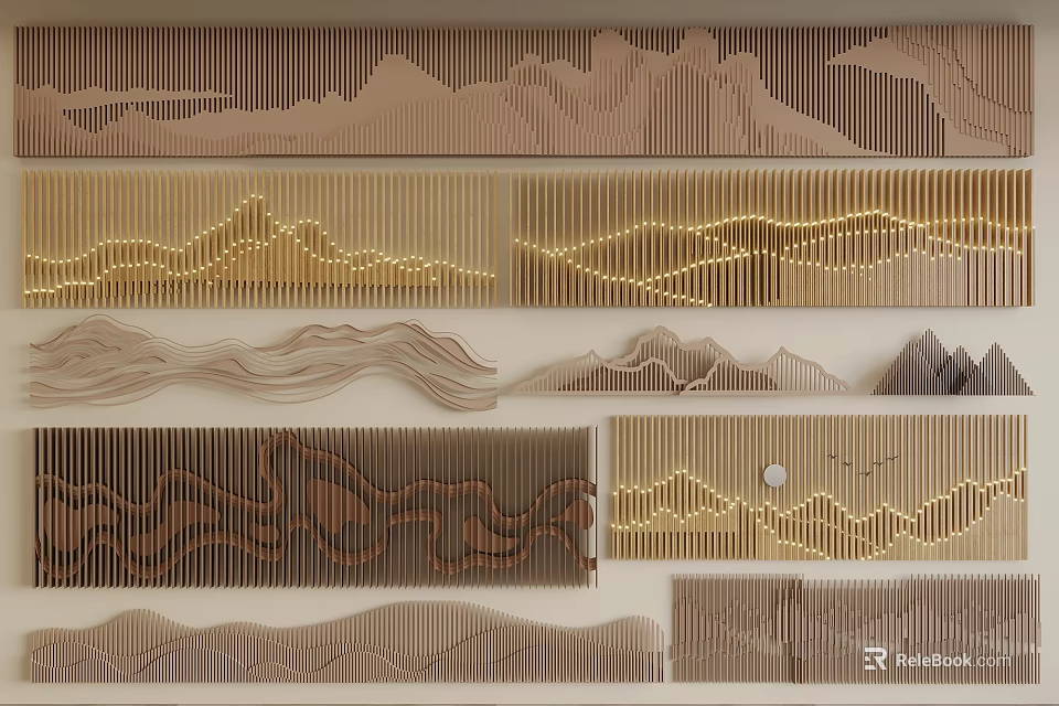 Modern Wooden Background Wall Design With Wave Patterns Lighting Effects and Various Textures 3d model 