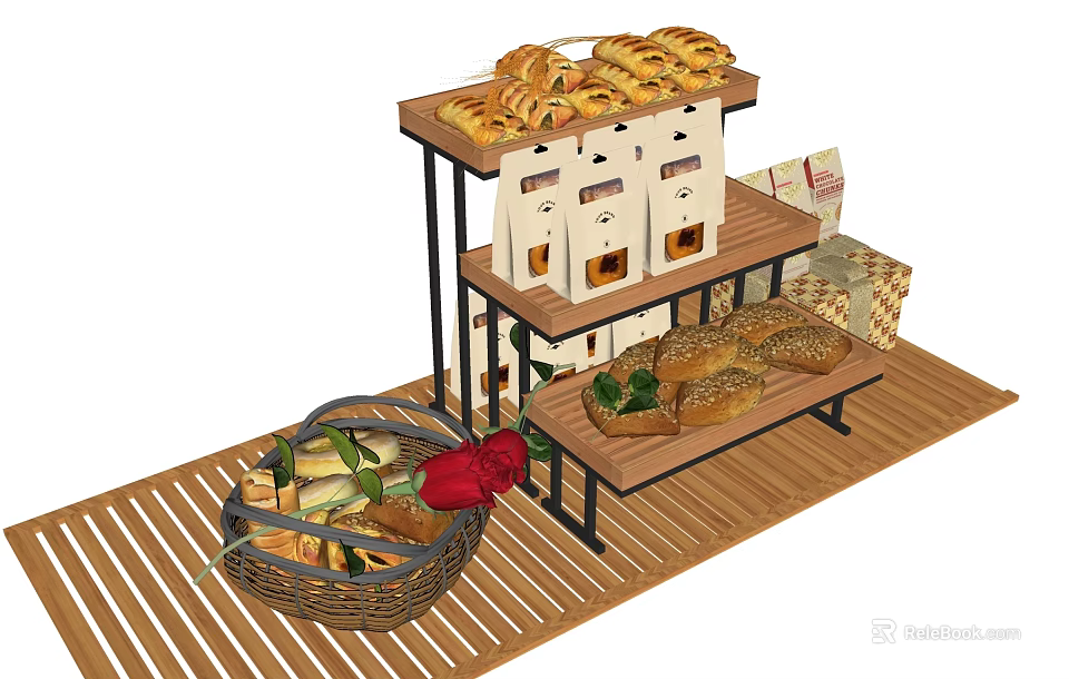 Fresh Assorted Breads On Multi Tiered Wooden Display Rack With Wicker Basket And Red Flower 3d model 