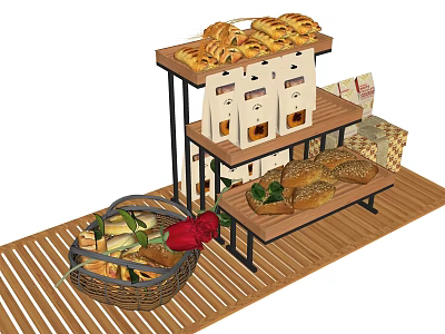 Fresh Assorted Breads On Multi Tiered Wooden Display Rack With Wicker Basket And Red Flower 3d model