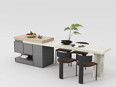 Modern Dining Table Set With Wooden And Marble Top Black Brown Chairs Fruit And Plant 3d model