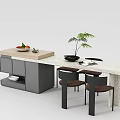 Modern Dining Table Set With Wooden And Marble Top Black Brown Chairs Fruit And Plant