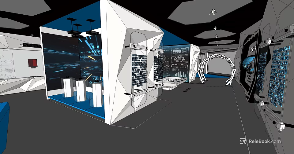Modern Exhibition Hall With Geometric White Structures Blue Accents Display Screens And Booths 3d model 