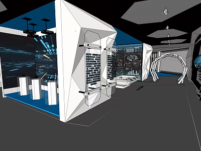Modern Exhibition Hall With Geometric White Structures Blue Accents Display Screens And Booths 3d model