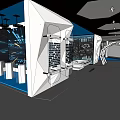 Modern Exhibition Hall With Geometric White Structures Blue Accents Display Screens And Booths