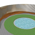Wooden Curved Landscape Seat Near Water Pool And Green Lawn Area
