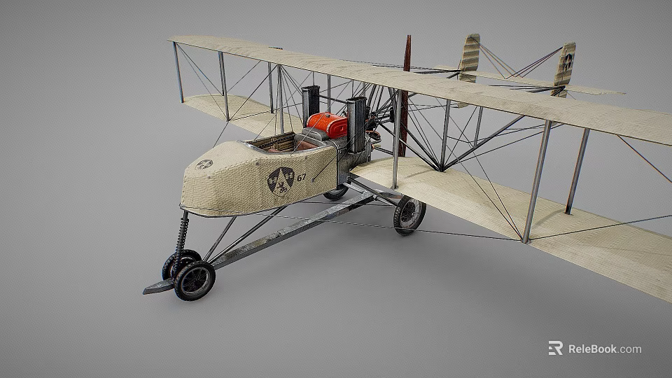 Vintage Biplane Model With Wooden Wings Propeller And Landing Gear 3d model 