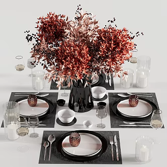 Western Food Tableware Vase Floral Ornaments Plate Knife and Fork Goblet Candlelight 3d model