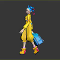 3D Animated Game Movie Character with Blue Hair Pink Ribbon Yellow Outfit and Shoes