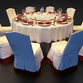 Elegant Round Dining Table Set with White Tablecloth Red Decorative Patterns and Yellow Centerpiece 3d model