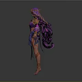 Fantasy Female Character in Purple and Gold Ornate Outfit with Headdress and Arm Accessories