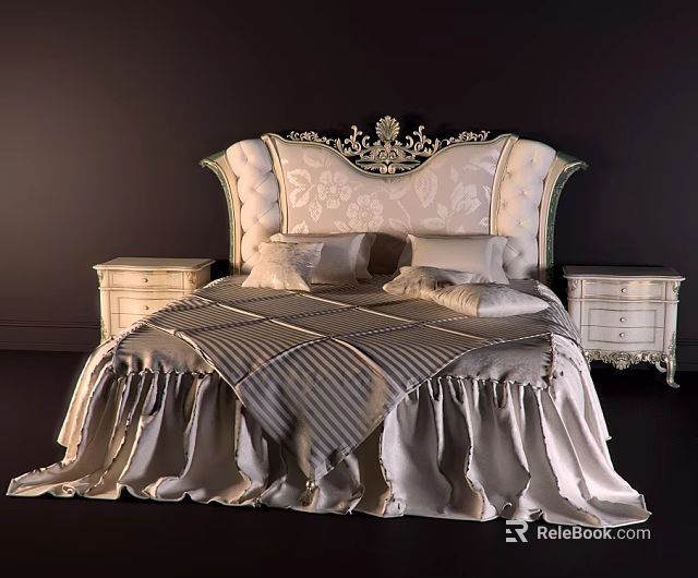 Luxurious Double Bed with Ornate Carved Headboard Silver Striped Bedspread and Nightstands 3d model 