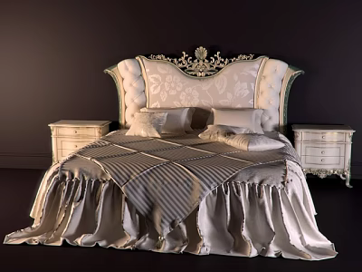 Luxurious Double Bed with Ornate Carved Headboard Silver Striped Bedspread and Nightstands 3d model
