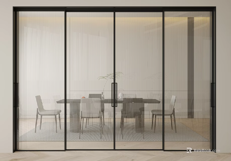Modern Glass Sliding Doors With Black Frame Separating Dining Table And Chairs 3d model 