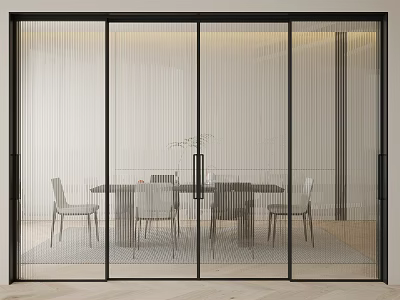 Modern Glass Sliding Doors With Black Frame Separating Dining Table And Chairs 3d model