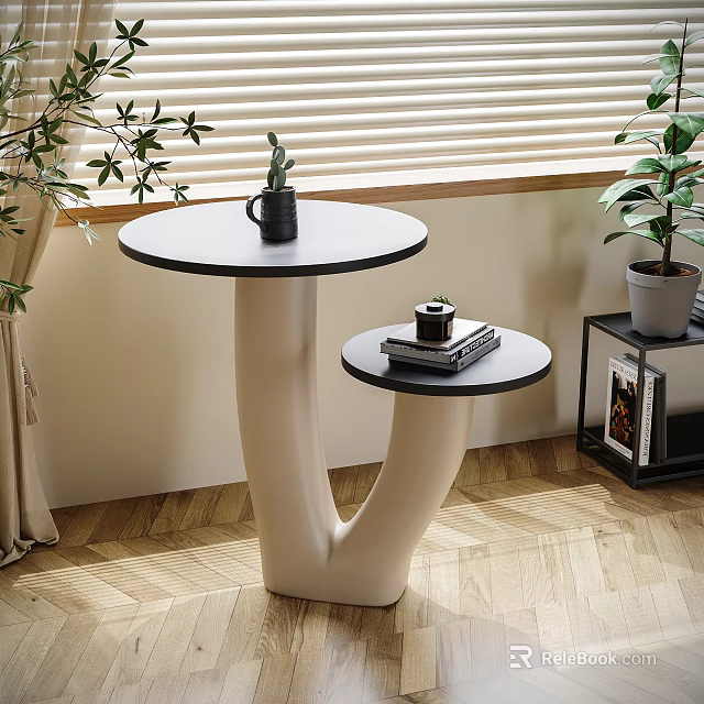 Modern Black and White Side Table with Two Round Tops Unique Base and Green Plants in Indoor Area 3d model 