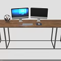 Modern Wooden Desk with Metal Frame Two Monitors Headphones Keyboard Mouse Pad Home Office