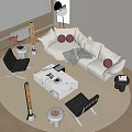 Modern Sofa And Coffee Table Set With White Upholstery Marble Top Decorative Pillows 3d model