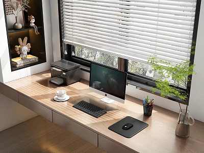 Modern Home Office Desk Setup With Computer Monitor Keyboard Printer Green Plant And Window Blinds 3d model