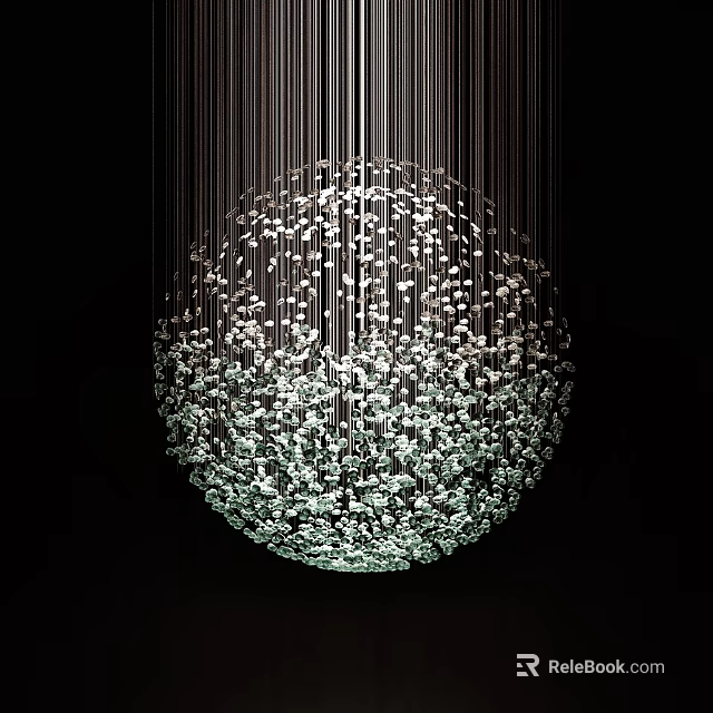 Modern Spherical Chandelier with Crystal Hanging Elements Illuminated Against Black Background 3d model