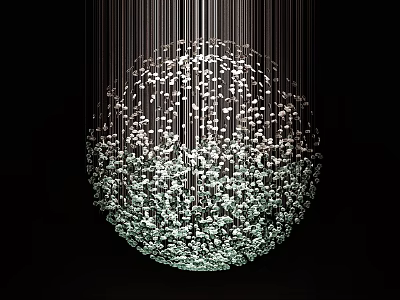 Modern Spherical Chandelier with Crystal Hanging Elements Illuminated Against Black Background 3d model