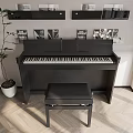 Elegant Piano And Art Frames In Modern Interior With Bench Shelves And Plant