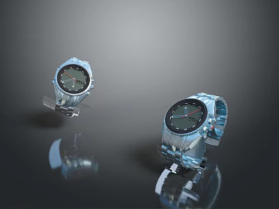 Two Modern Stylish Watches With Metallic Straps And Black Dials On Reflective Surfaces 3d model