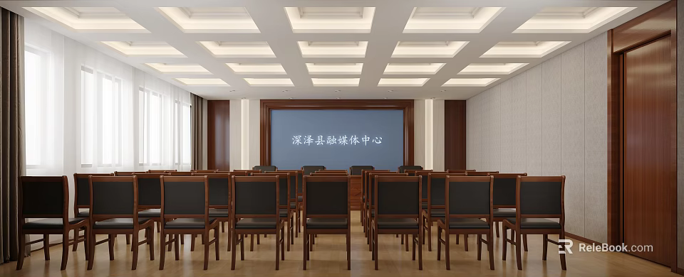 Modern Conference Room Interior With Large Screen And Arranged Wooden Chairs 3d model 