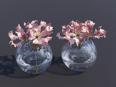 Transparent Glass Round Vases With Fresh Pink Flowers For Home Decor 3d model