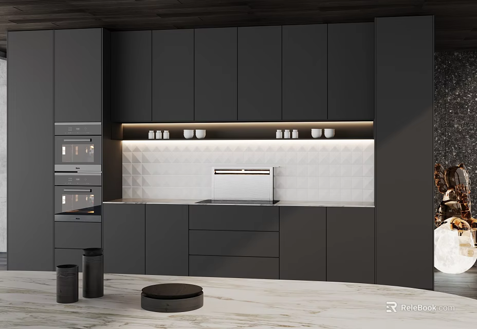 Modern Open Kitchen Interior Design With Stylish Black Sideboard And Marble Top 3d model 