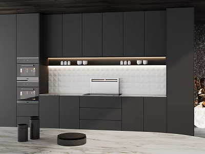 Modern Open Kitchen Interior Design With Stylish Black Sideboard And Marble Top 3d model