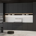 Modern Open Kitchen Interior Design With Stylish Black Sideboard And Marble Top