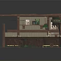 Cartoon Scene of Wooden Bar Interior With Counter Stools Decorative Plants and Rustic Roof