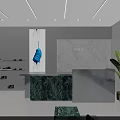 Modern Luxury Retail Store Interior With Green Marble Counters And Display Shelves