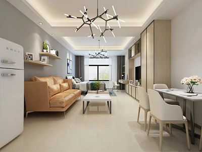 Modern Apartment Interior With Living Room Dining Area Beige Sofa White Refrigerator Chandelier Natural Light 3d model