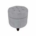 Modern Round Gray Upholstered Stool with Black Wooden Legs and Stitched Design