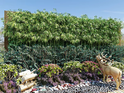 Lush Garden Landscape with Bamboo Plants Colorful Flowers Deer Statue and Stone Pebbles 3d model