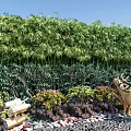 Lush Garden Landscape with Bamboo Plants Colorful Flowers Deer Statue and Stone Pebbles
