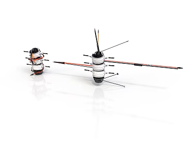 Two Space Satellites With White Bodies Black Components And Red Antennas For Space Exploration 3d model