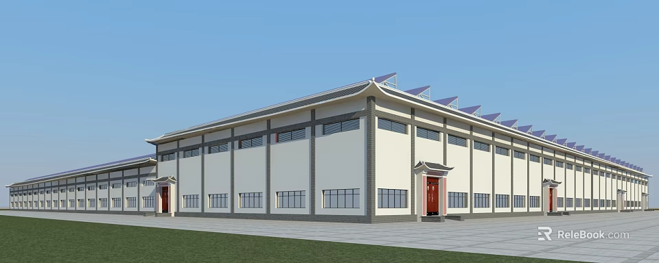 Modern Industrial Factory Building With White Exterior Large Windows Red Doors And Solar Roof Panels 3d model 