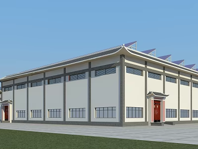 Modern Industrial Factory Building With White Exterior Large Windows Red Doors And Solar Roof Panels 3d model
