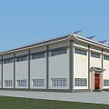Modern Industrial Factory Building With White Exterior Large Windows Red Doors And Solar Roof Panels