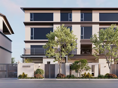 Modern Detached Villa Exterior Featuring Large Windows Front Trees And Greenery 3d model